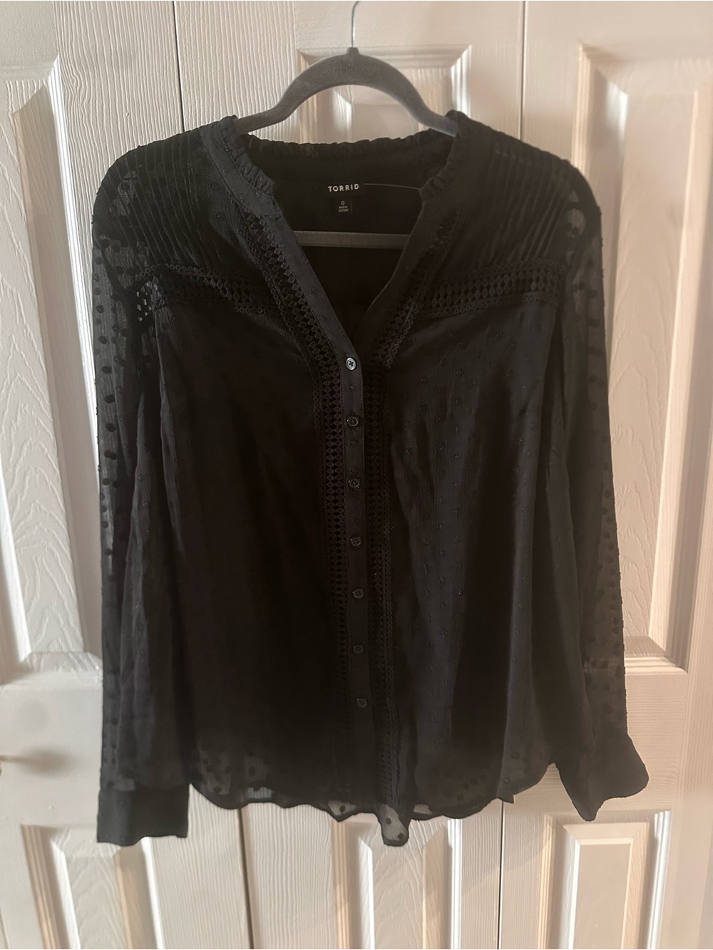torrid Black Sheer Dotted Lace-Trim Button-Up Blouse
